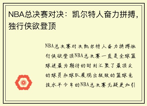 NBA总决赛对决：凯尔特人奋力拼搏，独行侠欲登顶