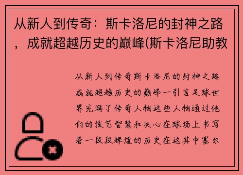 从新人到传奇：斯卡洛尼的封神之路，成就超越历史的巅峰(斯卡洛尼助教)